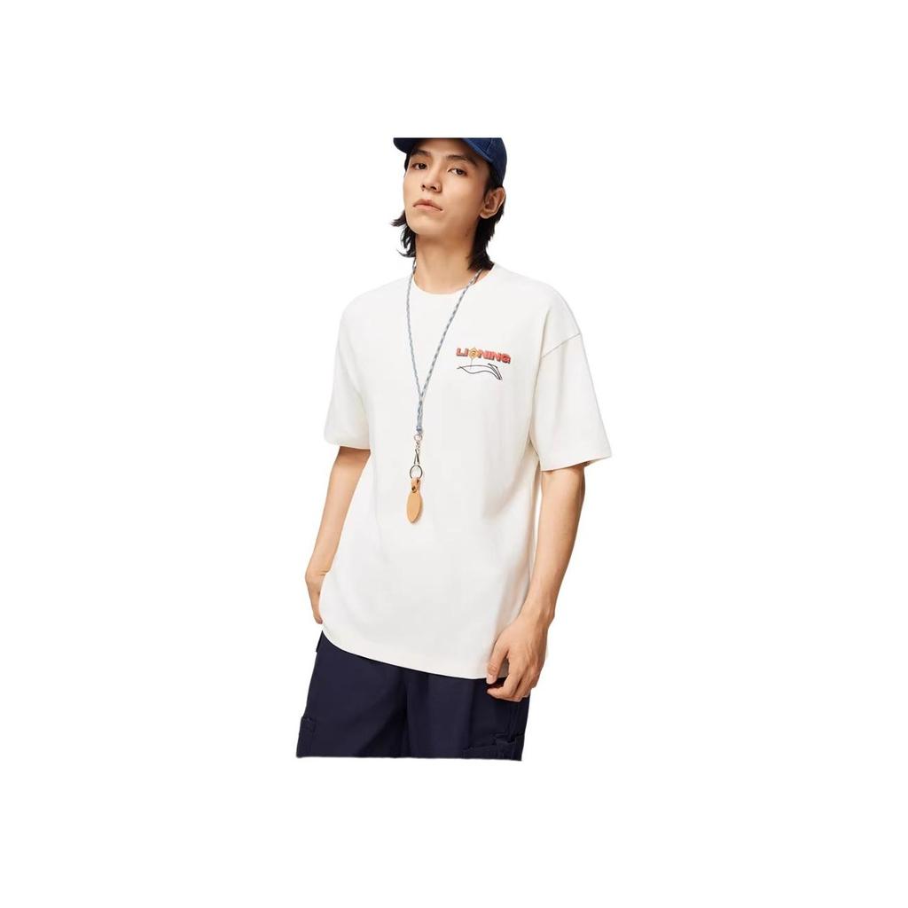 Li-Ning Letter Print Casual Crew Neck Pullover Short Sleeve T-Shirt Men Tops Off-White AHSU017-3