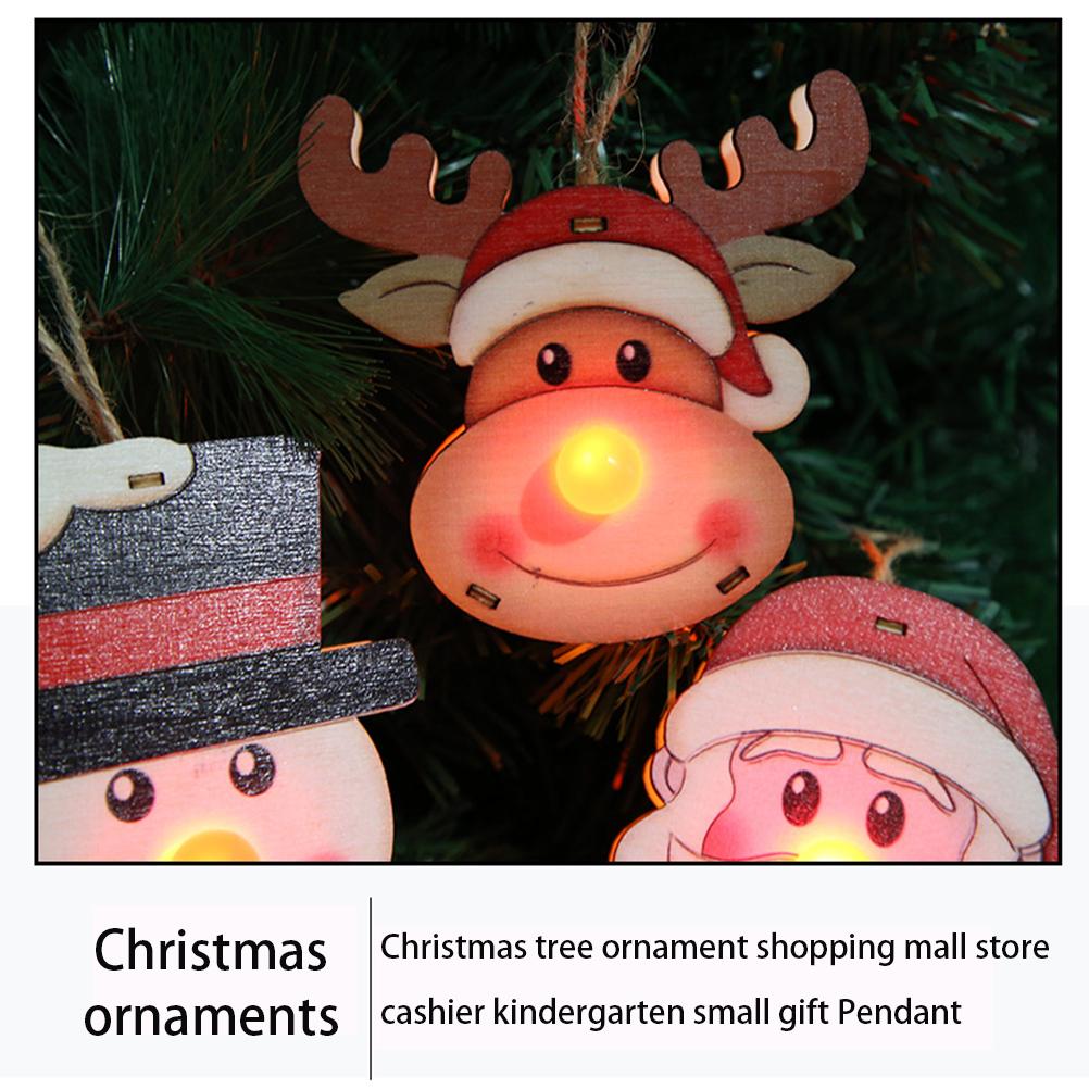 3PCS Christmas Wooden Pendant with LED Light Santa Elk Snowman Pattern Luminous Pendant Christmas Tree Decoration