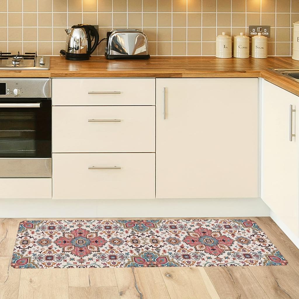 1 Τεμάχιο Ροζ Μποέμ Μοτίβο Πατάκι Δαπέδου Μοντέρνο Κουζίνας Πολυεστερικό Χαλί Αντιολισθητικό Πολύχρωμο Εσωτερικό Χαλί, Για Διακόσμηση Σπιτιού Μπάνιου Υπνοδωματίου Σαλονιού