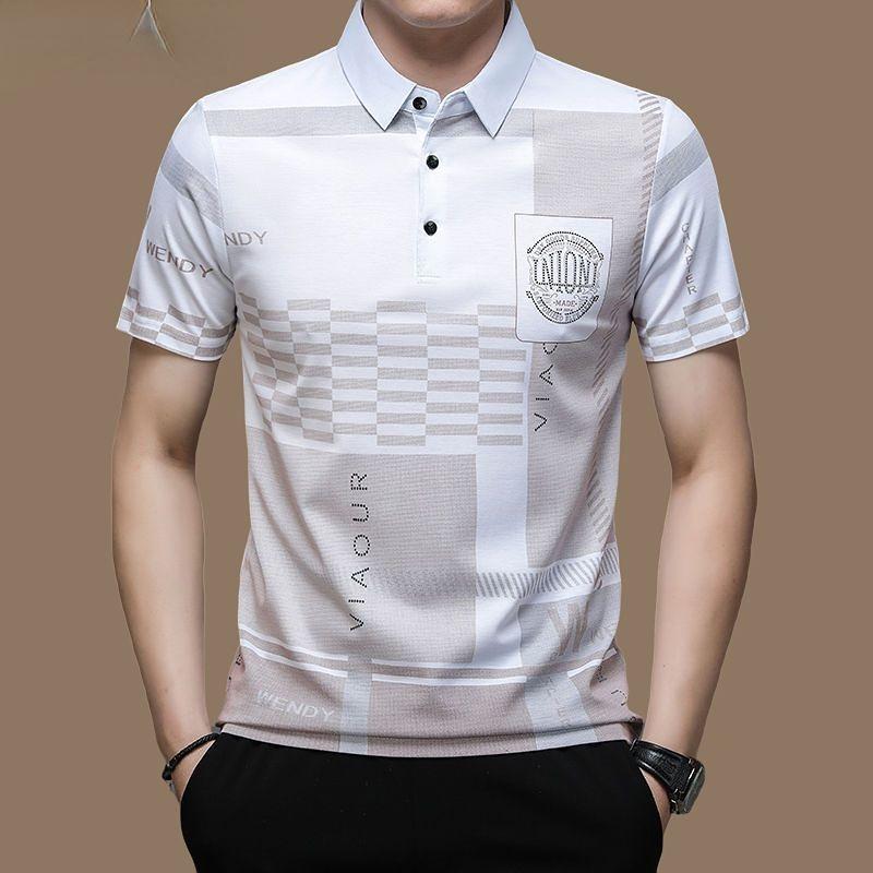 Summer T Shirts for Men Short Sleeve Turn-down Collar Letter Printing Button Striped Polo Tees Fashion Pullover Tops