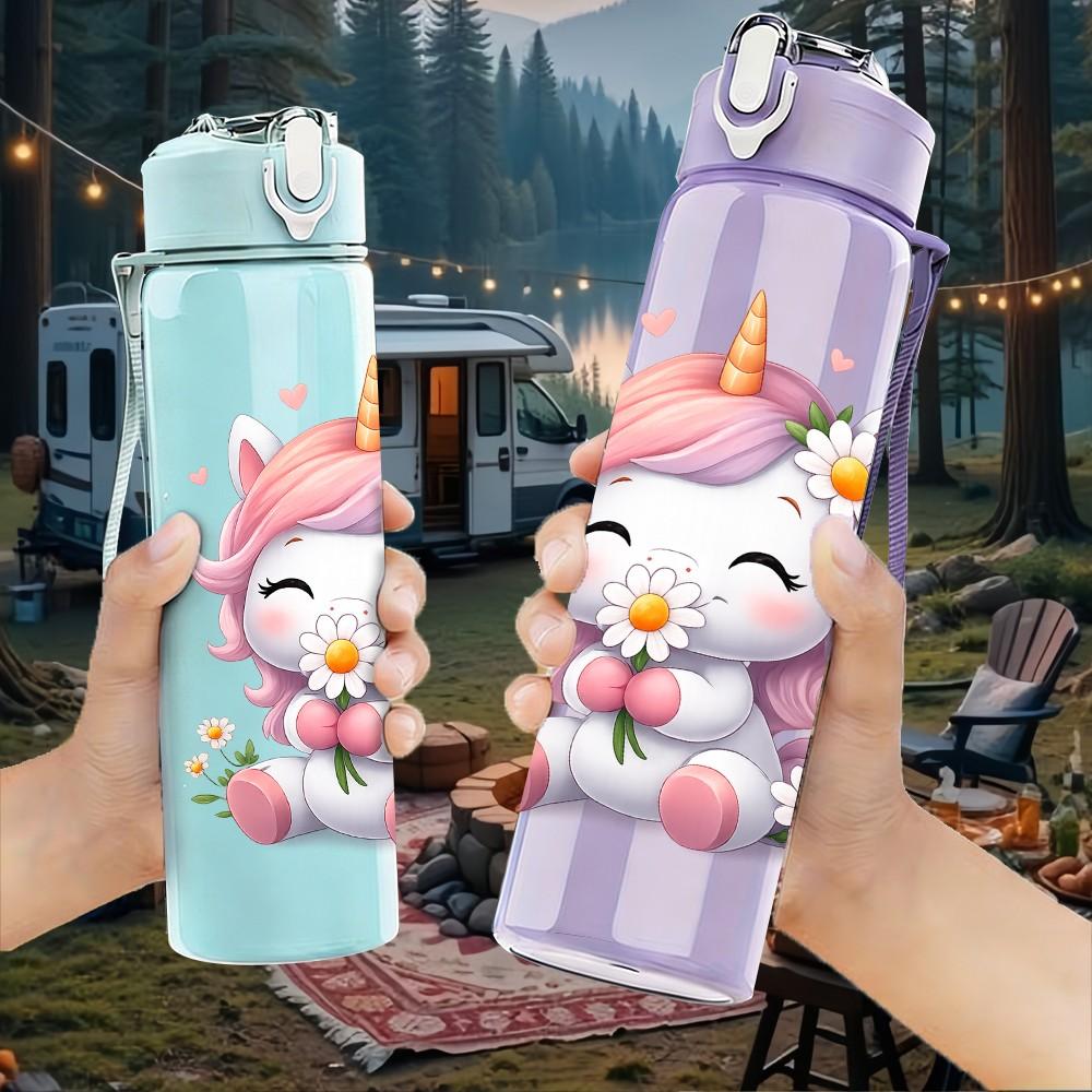 1PC Pink Dreamy Unicorn 750ml Color Plastic Sports Water Bottle Leakproof Flip Straw Lid Suitable for Sports Office Home Use