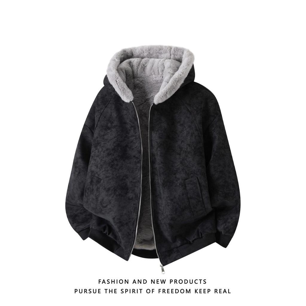 Zuoshan Diao Men's Hooded Winter Jacket - Loose Fit, Thickened, Velvet-Lined, Trendy American Style Cotton Coat.