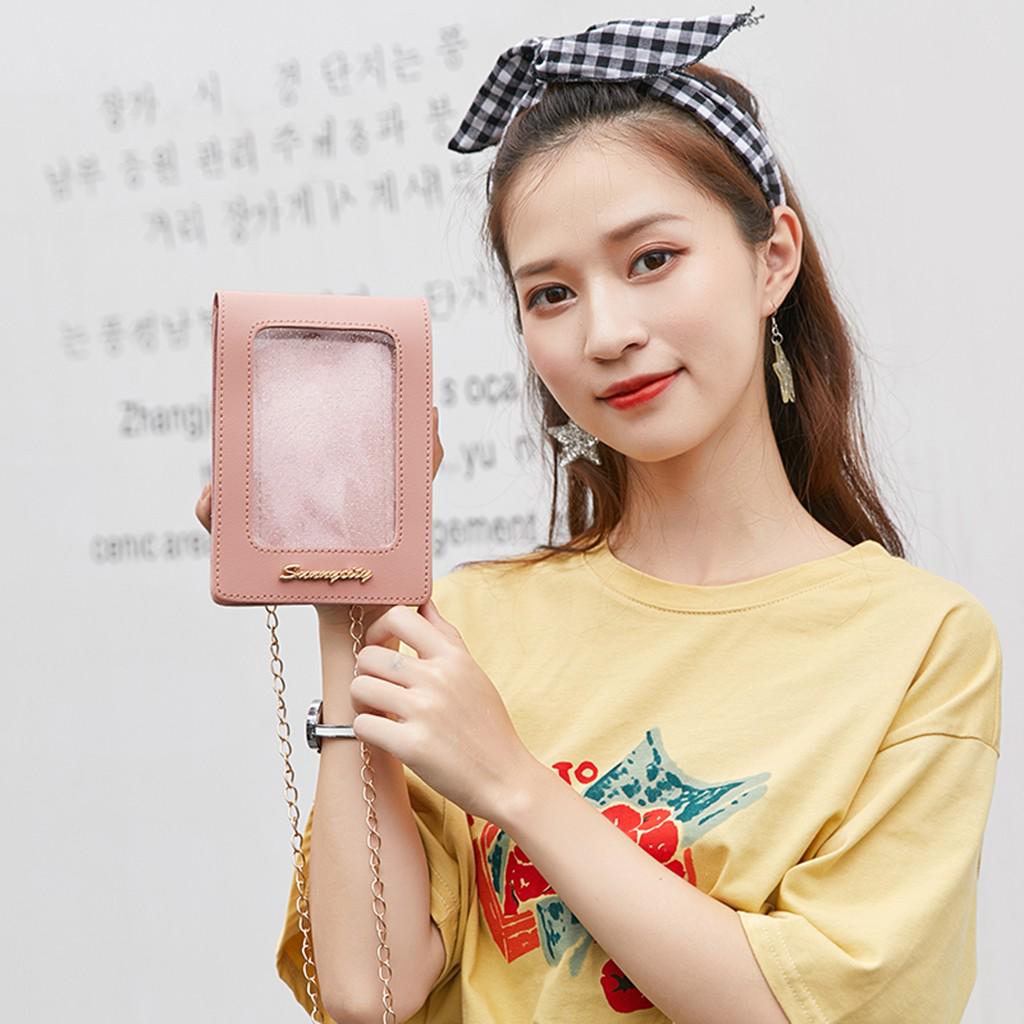 Mini Mobile Phone Bag With Back Side Clear Touching Screen Leather Bag