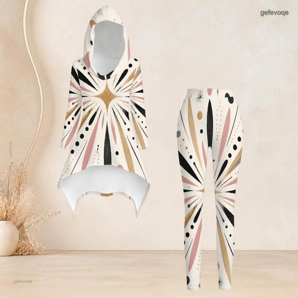 Women Plus Size Floral Printed Hooded Long Sleeve High Low Top Fitted Pants Two Piece Set