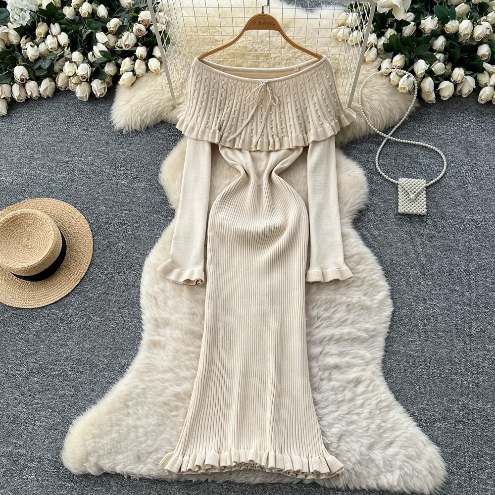 Autumn Winter Women Elegant Slash Neck Off Shoulder Beading Knitted Sweater Long Midi Christmas Party Dresses