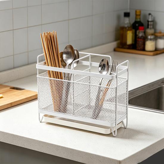 Utensil Storage Rack with Divided Compartments Organizer Drainage Holes Design Rack for Kitchen Countertop