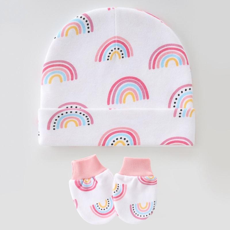 3 Set Baby Bonnet Hat Feature Foldable Cuff with Mittens Cotton Fabric Gentle On Skin Multiple Color Available