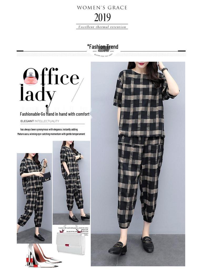 Women's Plaid Two-Piece Set: Summer Plus Size Casual Short Sleeve Top and Nine-Point Pants