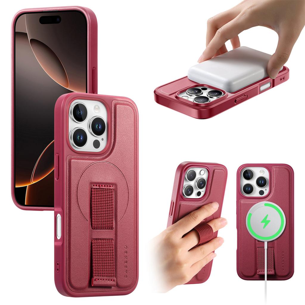 For iPhone 16 Pro Magnetic Case CASENEO Wristband PU Leather + PC Shockproof Phone Cover