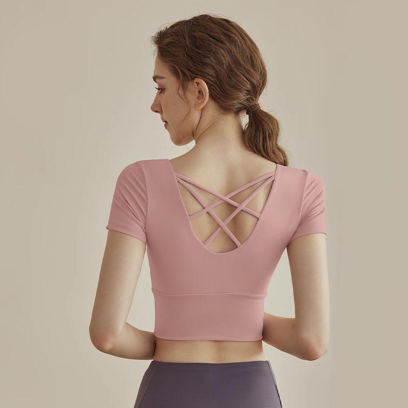 

Женская одежда для йоги с нагрудником, шорты для бега с коротким рукавом, спортивные профессиональные быстросохнущие топы, облегающая летняя новинка, фитнес-летняя футболка Barbie powder short sleeve S