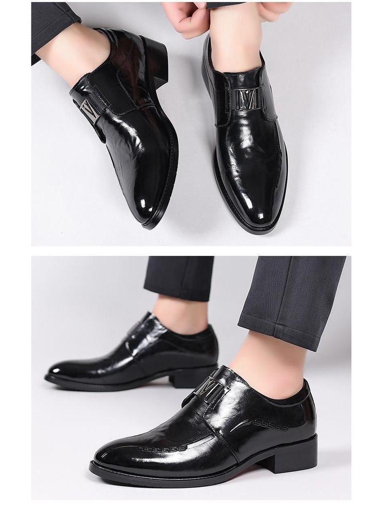 Men's Formal High-End Cowhide Leather Slip-On Shoes with Automatic Buckle and Breathable Pointed Toe Design