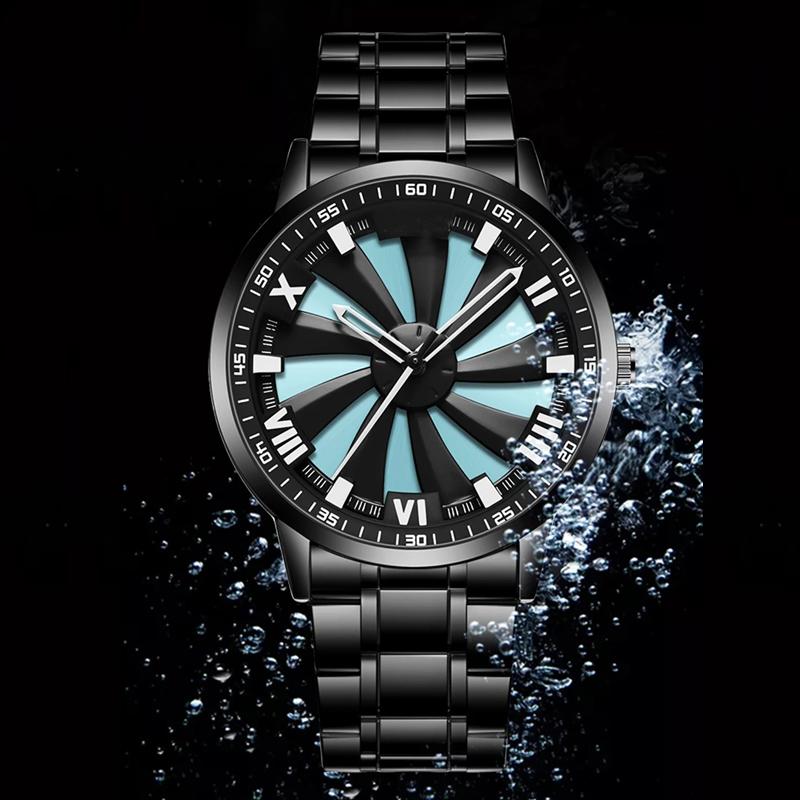 Men Quartz Watch Stainless Steel Rotating Wheel Clock Movement Casual Sports Wristwatch