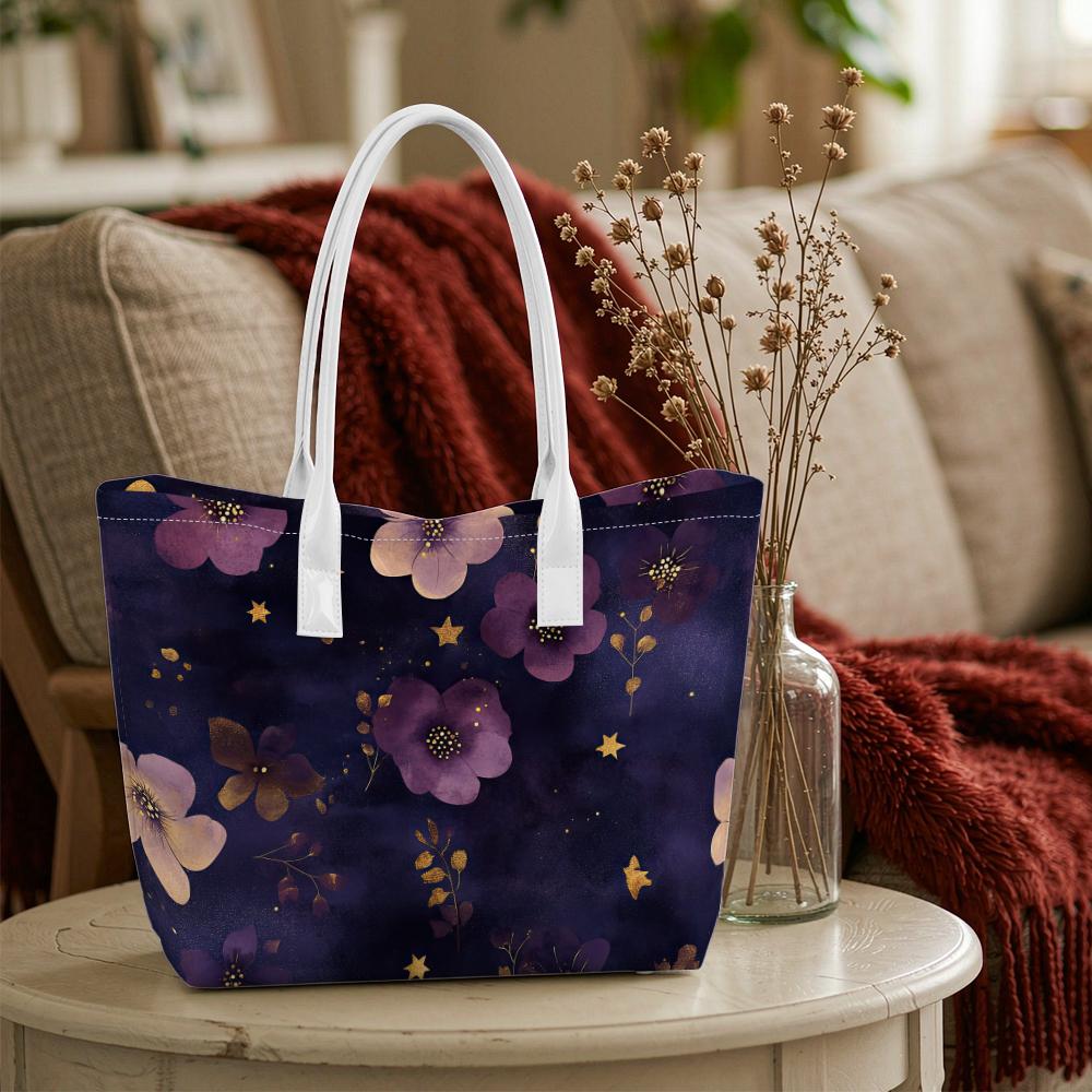 Purple Floral Print Women Tote Bag Casual Daily Shoulder Handbag