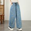 DIMANAF 2026 Summer New Plus Size Women Jeans Print Floral Elastic Waist Long Pants Loose Casual Denim Cotton Trousers Pants