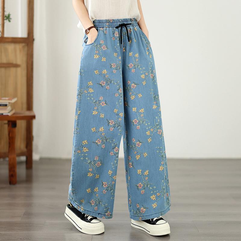 DIMANAF 2026 Summer New Plus Size Women Jeans Print Floral Elastic Waist Long Pants Loose Casual Denim Cotton Trousers Pants