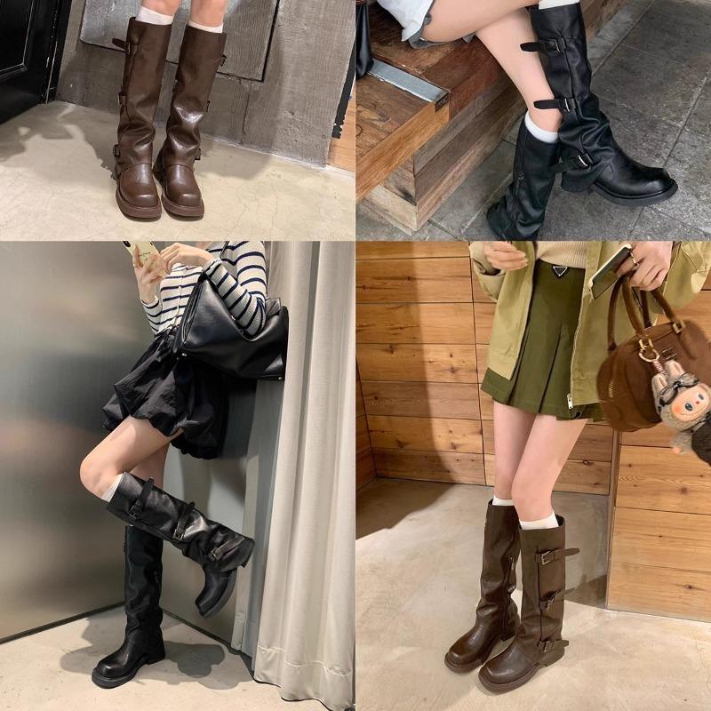 Leather Inner Height Increase Black Medium and Long Tube Boots Women's Autumn Western Cowboy Knight Boots Thick-soled Pleated Piled Boots