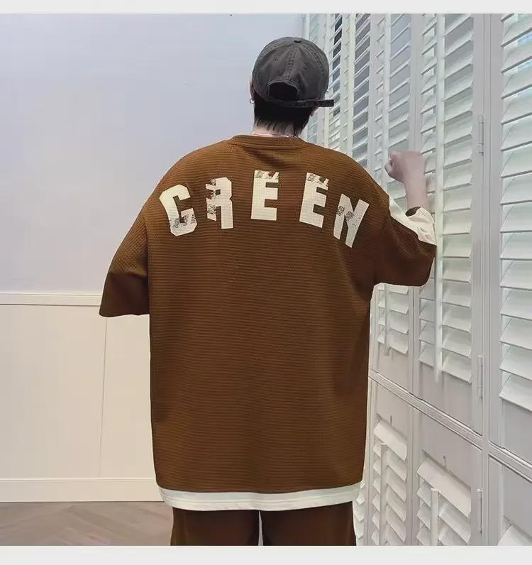 Trendy Korean Hip-Hop Men's Summer Waffle Print Five-Point Sleeve Top