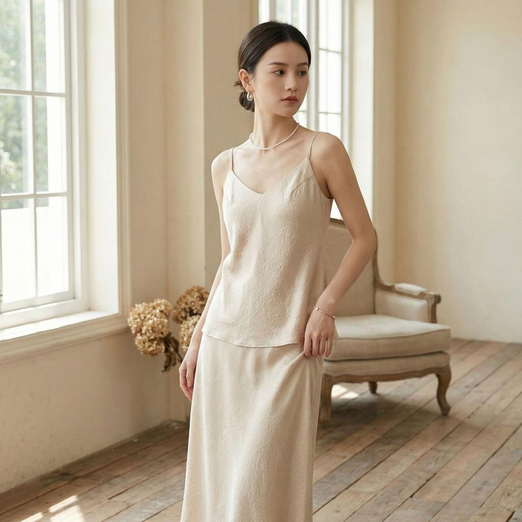 Damen-Set aus französischer Maulbeerseide: Camisole & Langer Rock - Frühjahrs-/Sommer-Mode