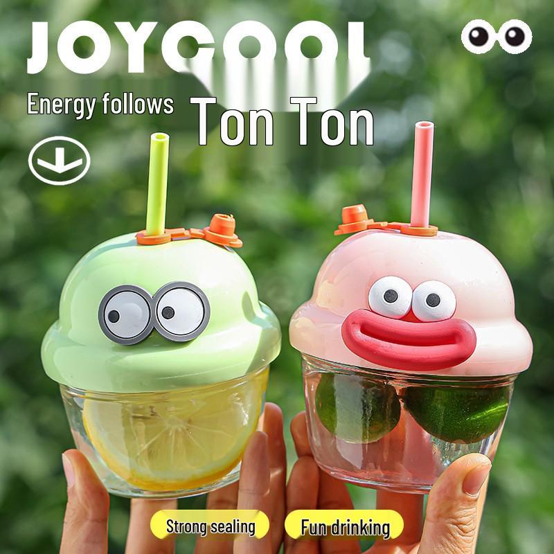 

Trendy Cartoon Mini Glass Cup with Straw - Portable Summer Gift Green Chubby Cup - Single