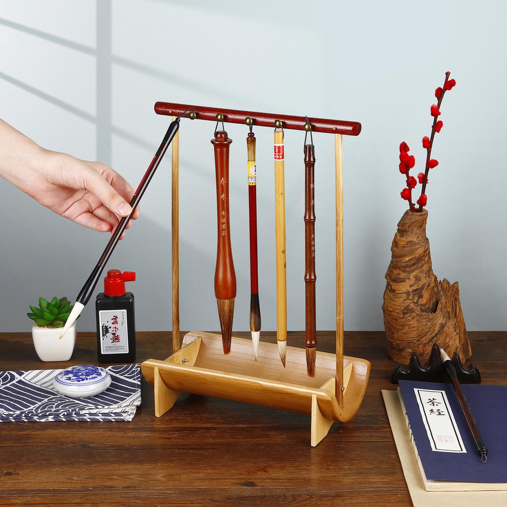 Natural Rosewood Chinese Brush Pen Holder with Bamboo Base Calligraphy Rest Ink Hanger 10 Needles Writing Brush Holder