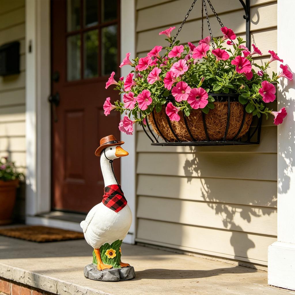 14inch Tall White Geese Figurines with Bandana & Hat Realistic Large Porch Goose Statue for Patio Balcony Or Front Porch Decor