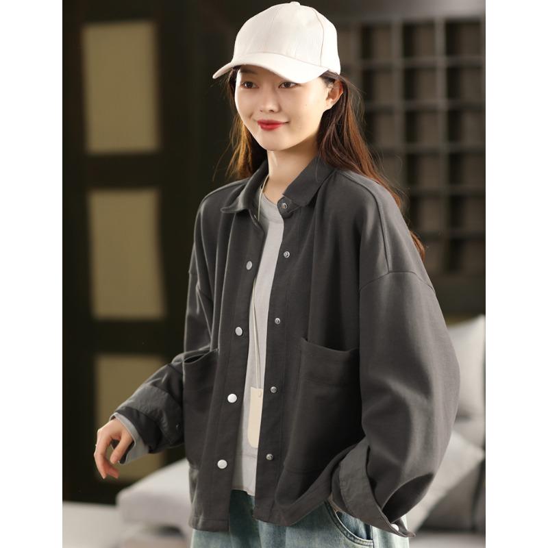 DIMANAF 2025 Mantel Kurze Jacke Damen Baumwolle Uni Langarm Basic Taschen Mode Oberteile T-Shirts Locker Neue