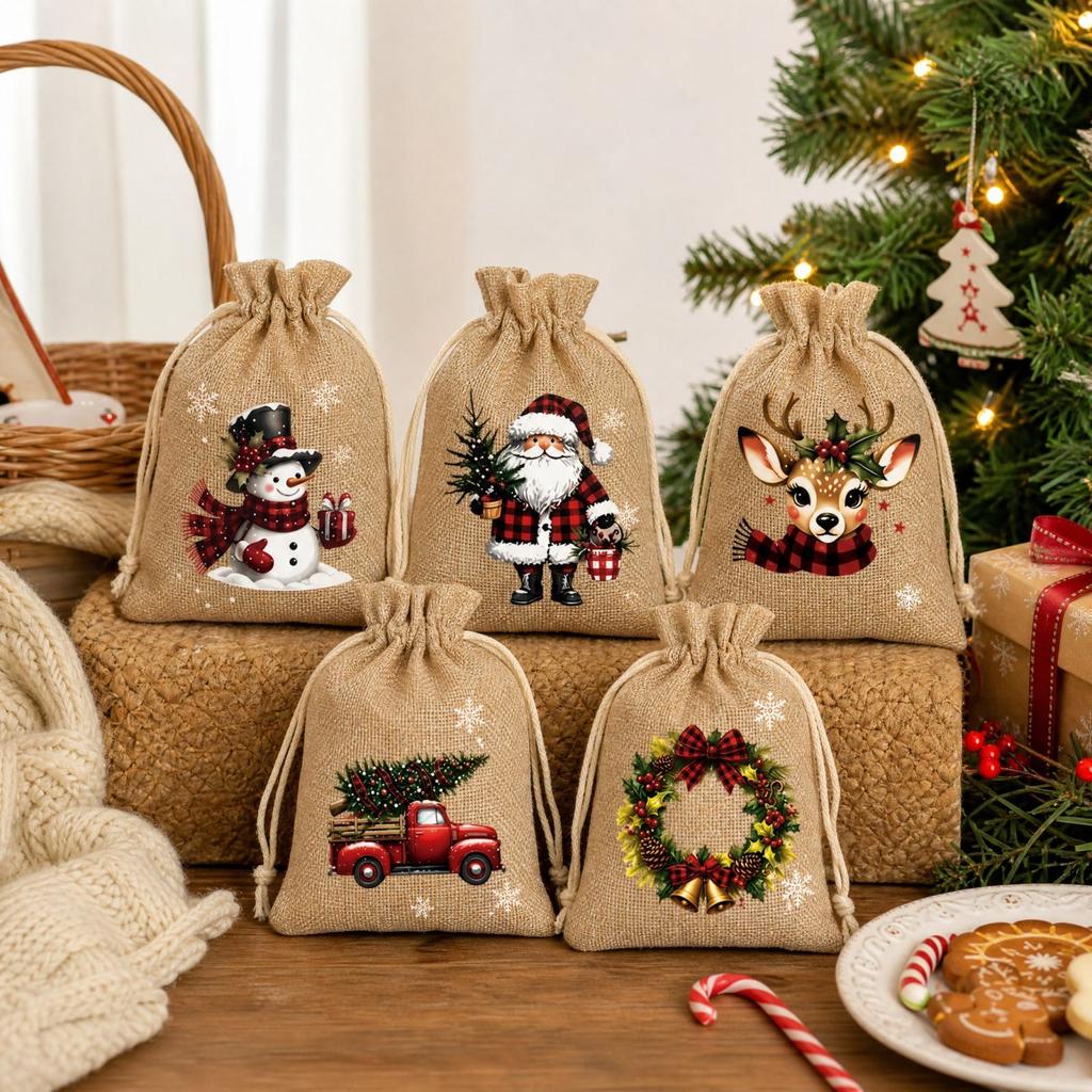 Christmas Gift Bags with Rope, Linen Candy Storage Bags for Holiday Party Favors and Gift Wrapping, Pack of 5