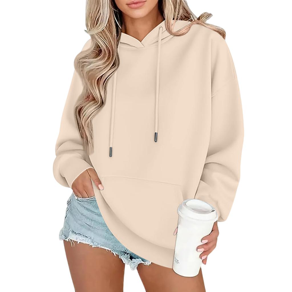 Women's Fashion Oversized Drop-Shoulder Long-Sleeved Sweatshirt Solid-Colour Hooded Sweatshirt