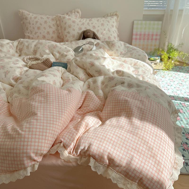 Bedding Set Four-piece Set Princess Wind Seersucker Washed Skin-friendly Breathable Comfortable Bed Sheet Quilt Cover Pillowcase