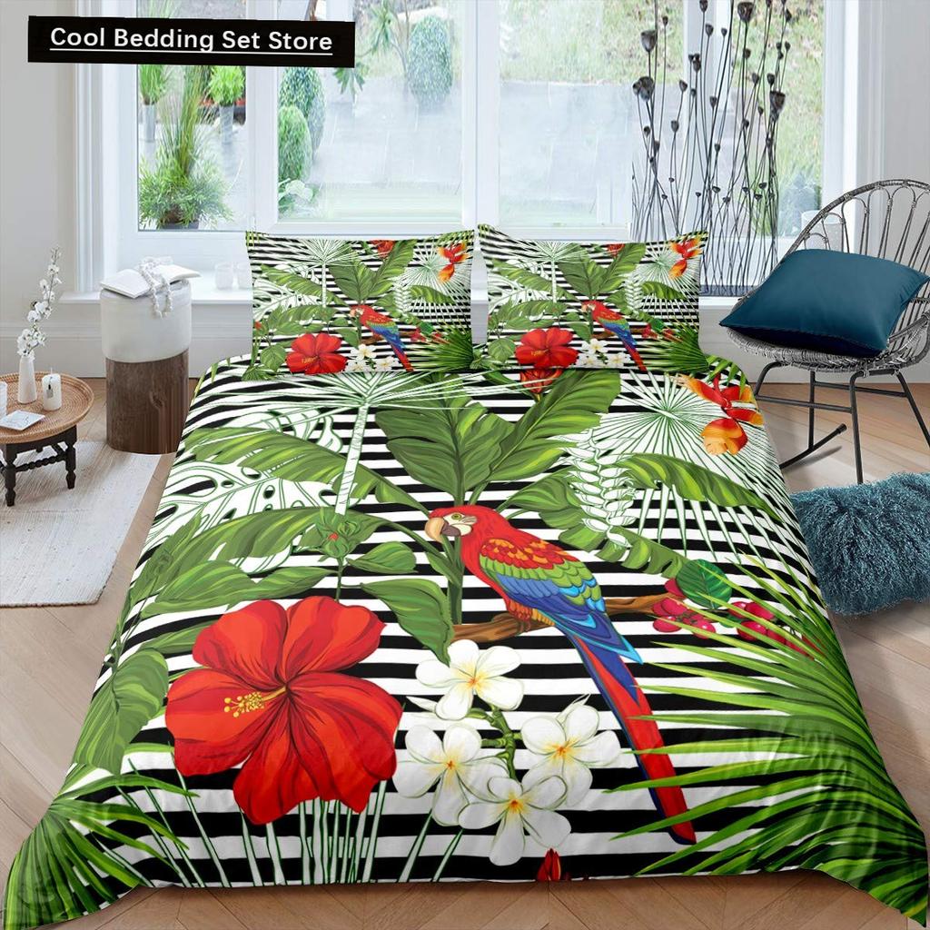 Parrot King Queen Duvet Cover Colourful Feather Bedding Set Rain Trees Bird Quilt Cover Sunset Mountain Natural Comforter Cover