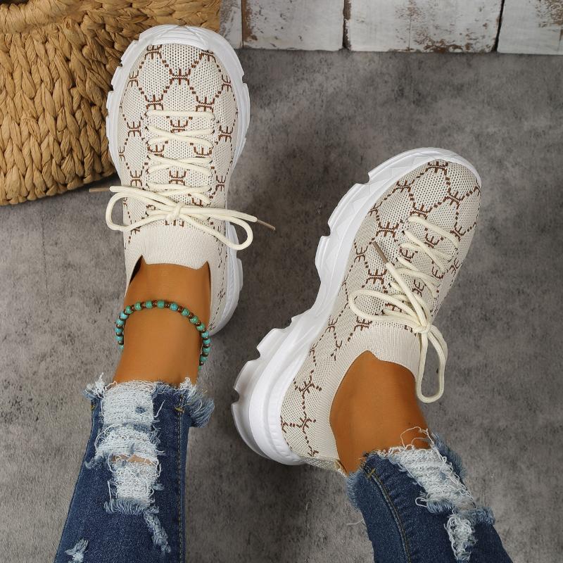 New Flat Shoes Lace-up Round Women's Mesh Knitting Toe Breathable Women Soft Sole Footwear Ladies Wedge Shoes