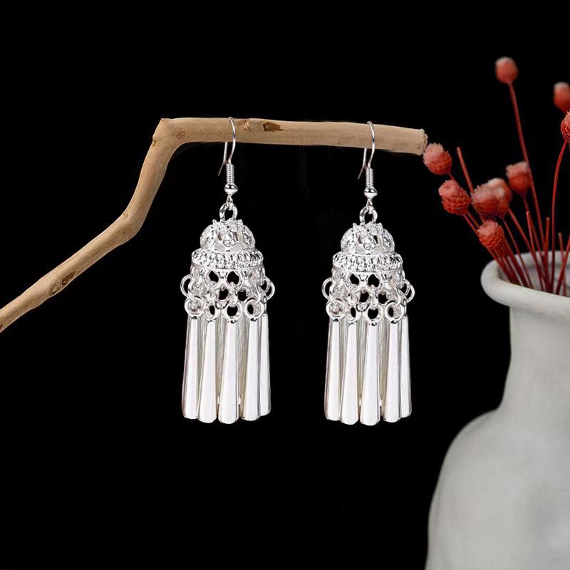 Ethnic Miao Silver Leaf Tassel Dangle Earrings - 2025 Style