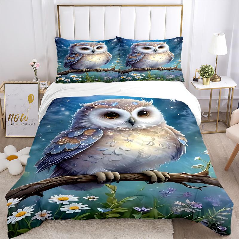 3pcs Anime Owl Comforter Set with Two Pillowcases (No Core), Home Decor, Festival Gift, Polyester Fabric