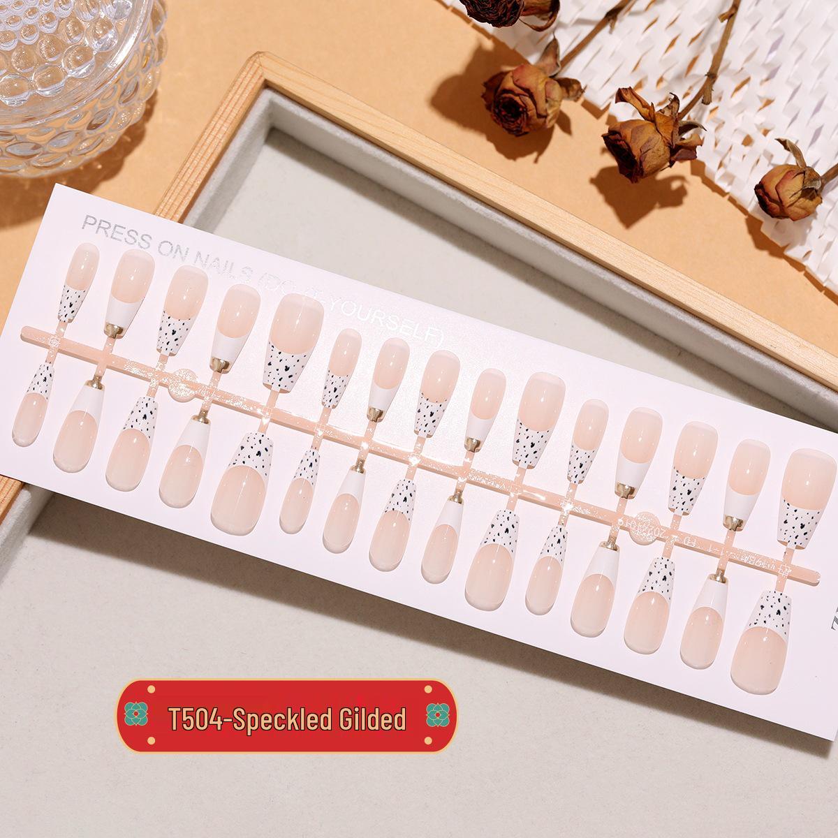 

Speckled Gilded Medium Cat Eye French Style Fake Nails