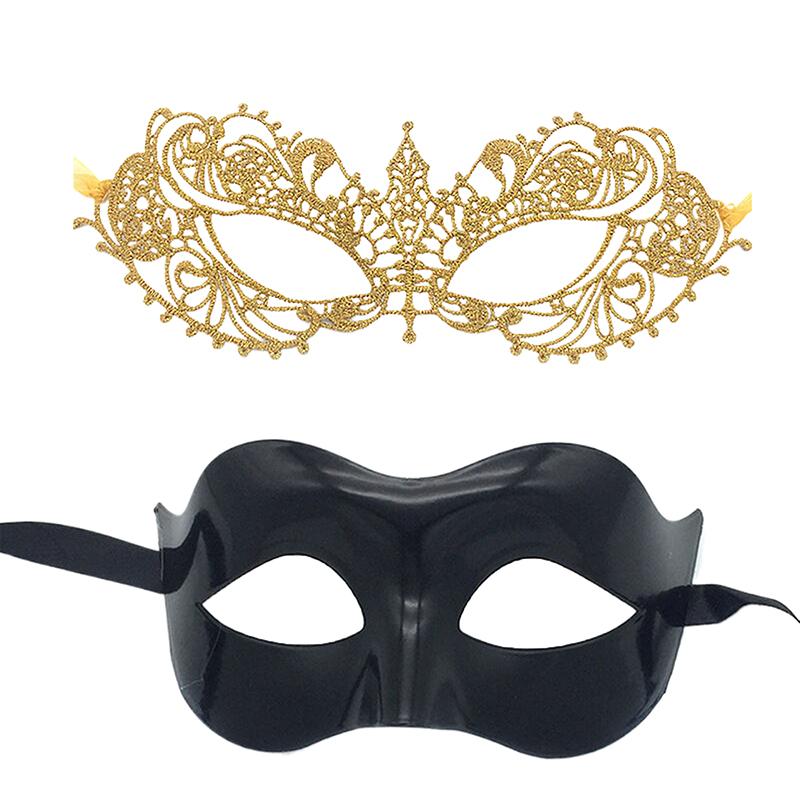 2Pcs Elegant Black Lace Masquerade Mask Set For Couples Perfect For Venetian Party Mardi Gras And Halloween Celebrations