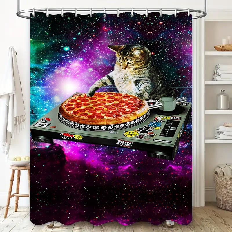 Psychedelic Space Cats Pizza Turntable Shower Curtain Bizarre Bathroom Decor for Cat Lovers