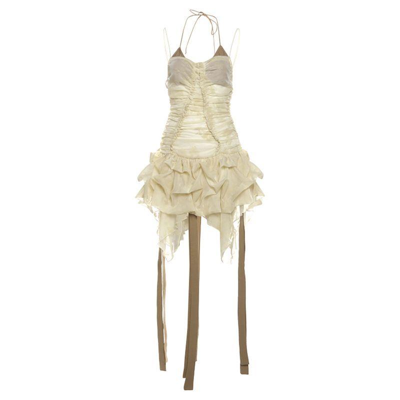 

Dress American Fashion New Women clothes Sexy Gyaru Sling Design Pleat Slim fit Sleeveless Ribbon Dress Khaki L