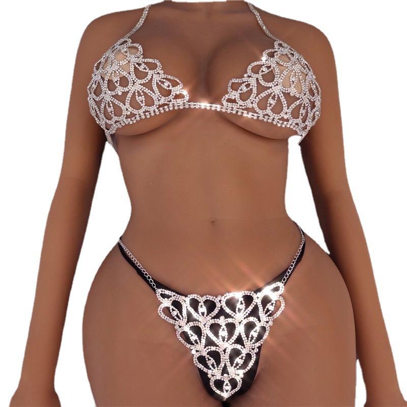 Set reggiseno e mutandine con strass di lusso, catena per il corpo sexy, moda, discoteca, catena per il corpo dell'amore