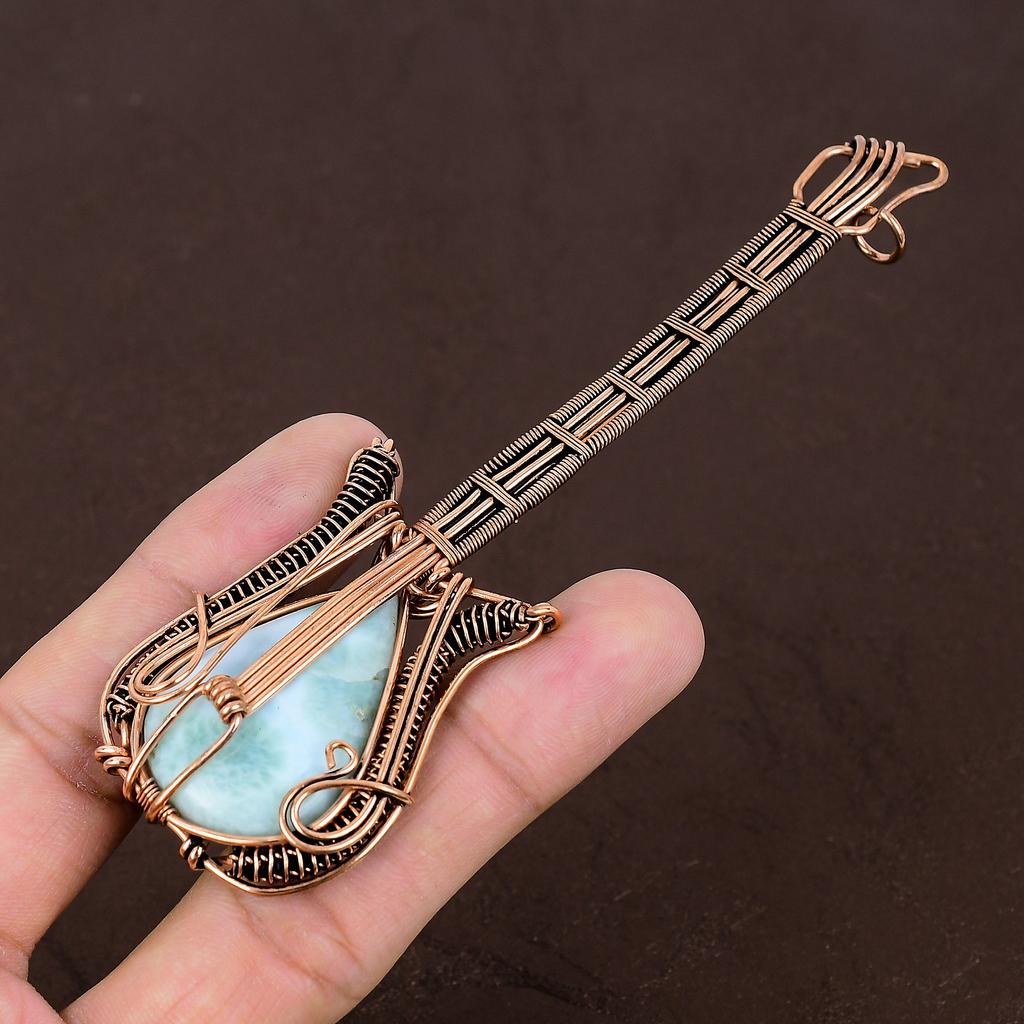 Natural Republic Larimar Handmade Copper Wire Wrap Guitar Pendant 4.53" L0Y79