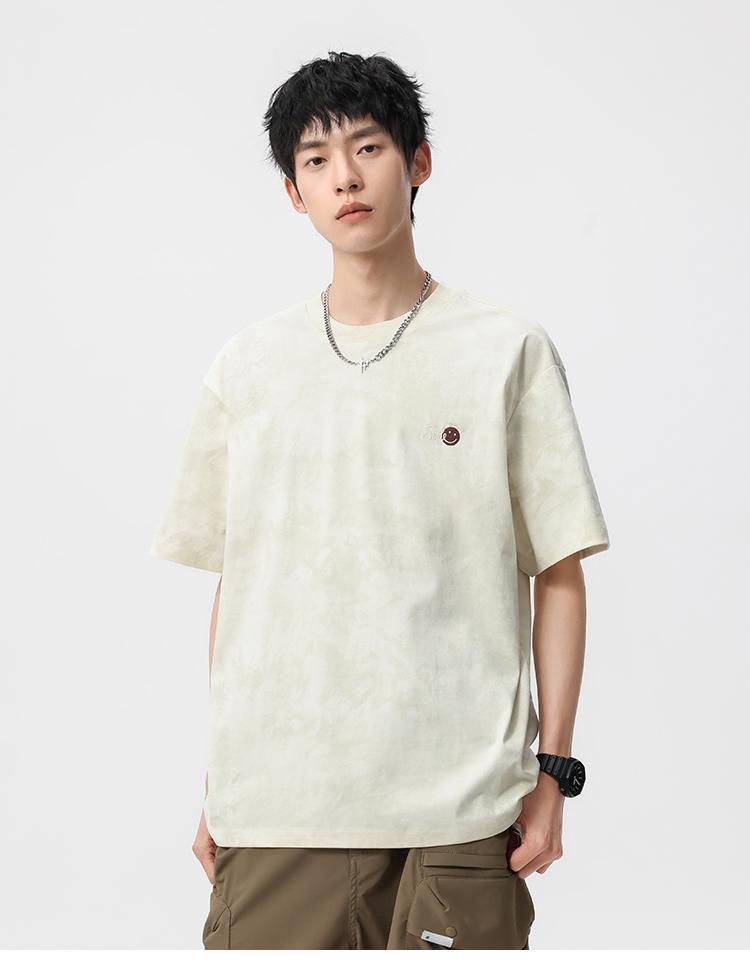 Heavy Duty Retro Wax Dyed Embroidered Short Sleeved T-shirt for Men's Summer Loose Half Sleeved Base Shirt