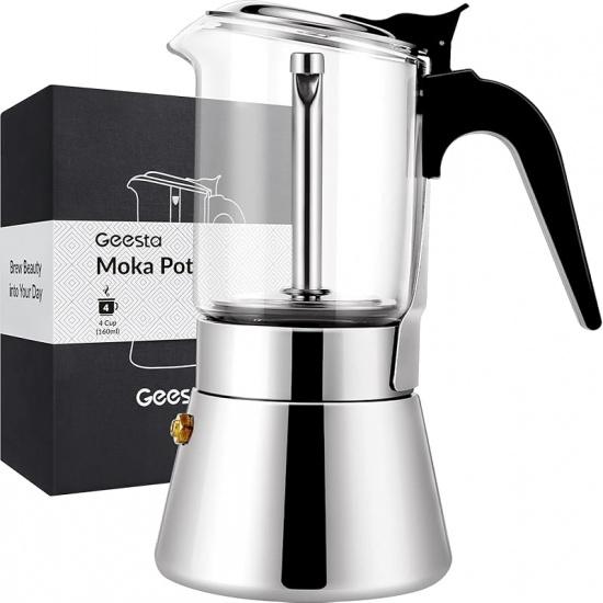 Geesta Premium Crystal Glass-Top Stovetop Espresso Moka Pot - 4/6/ 9 Cups Stainless Steel Coffee Maker- 360ml/12.7oz/9 cup (espresso cup=40ml) 4 Cup