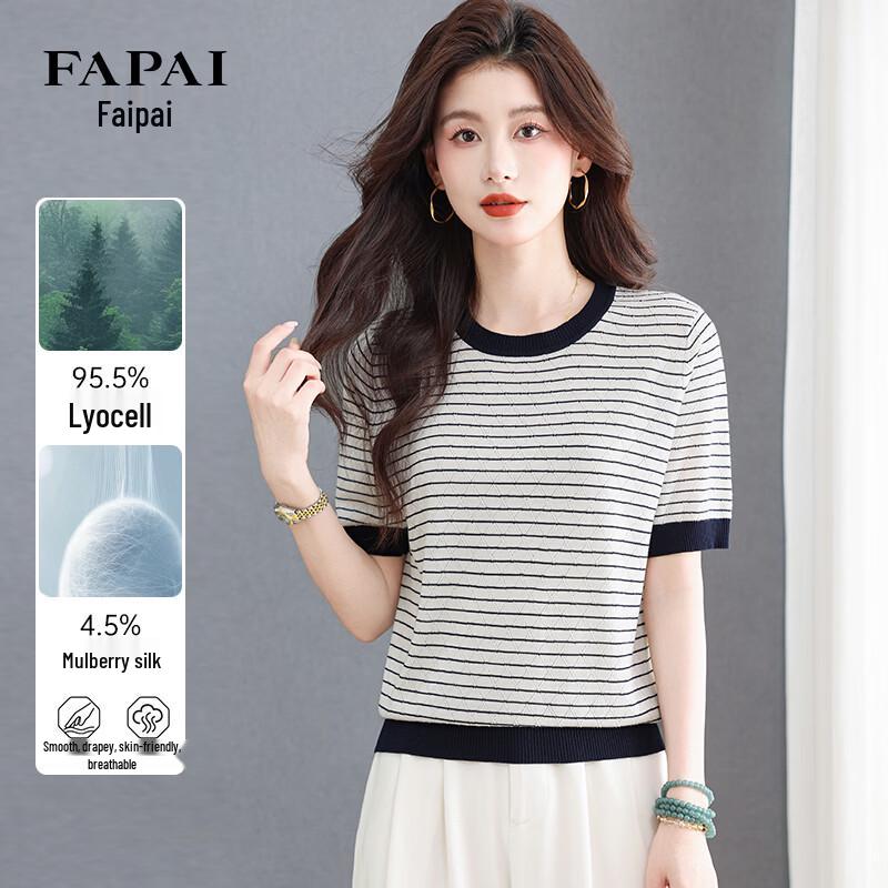 FAPAI Women s Striped Ice Silk Knit Short Sleeve T-shirt XL