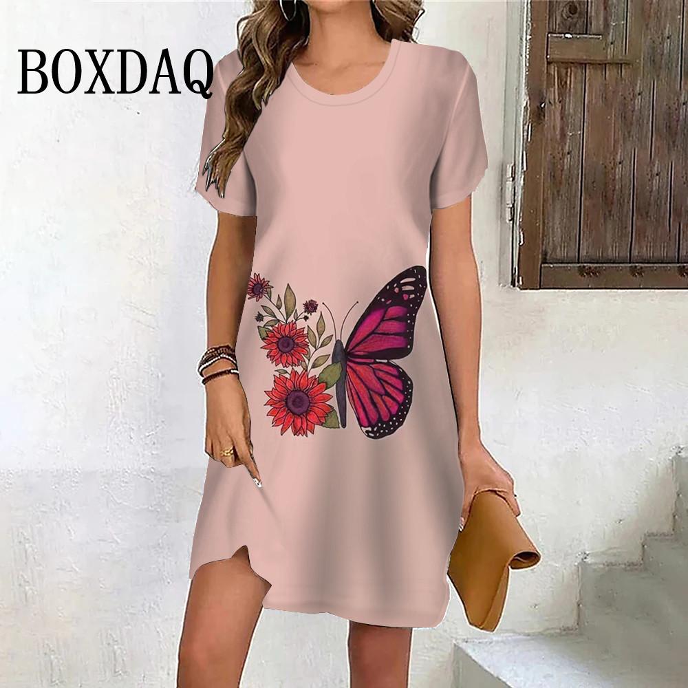 Summer Sweet Butterfly Sunflower Dress Loose Print Women Dress Short Sleeve Casual O-Neck Ladies Clothes