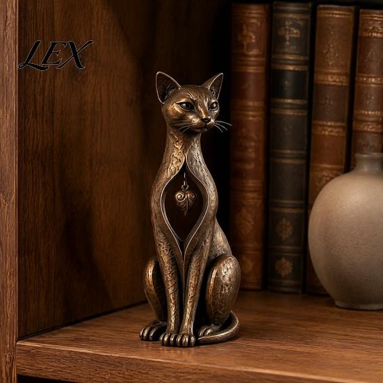 Distressed Copper Finish Vintage Cat Figurine, Rustic Animal Statue for Desk Shelf Home Country Style Decor Decor, Handcrafted Retro Ornament, Unique
