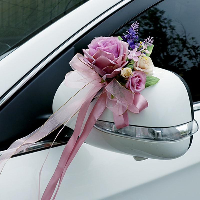 Creative Romantic Wedding Car Floral Ribbon Bridal Car Door Handle Mirror Flowers Wedding Aisle Decorations Ceremony Party Decor