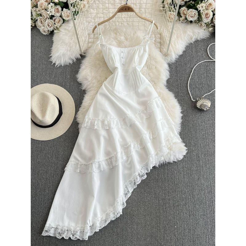White Sleeveless Sling Irregular Dress Women's Summer 2024 New Arrival Fancy Oblique Mid Length Long Length Skirt