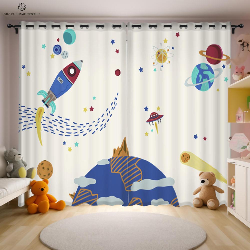 Cartoon Space Astronaut Curtains 2 Piece Puzzle Creative Printing Curtains Children's Room Kitchen Study Decorative Curtains