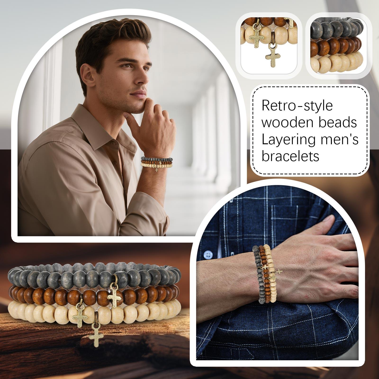 

Retro- Wooden Bead Bracelet Set For Men With Beaded Cross Pendant One Size