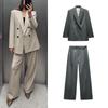 Double Breasted Suit with Padded Shoulder Outwear 2129095 Pleated Wide Leg High Waist Casual Trousers 2125095
