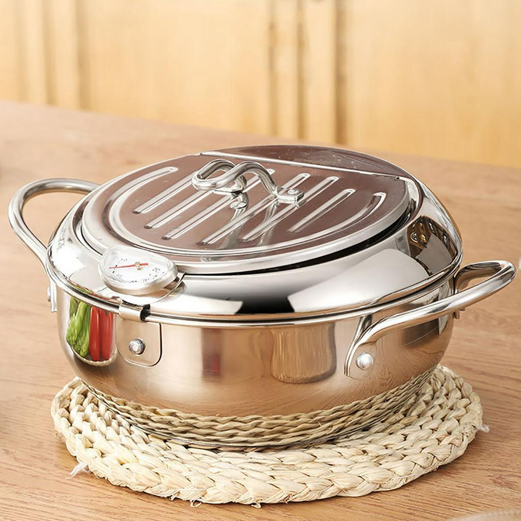 2L Silver Japanese Style Deep Frying Pot Thermometer Tempura Fryer Pan Temperature Control Fried Chicken Pot Cooking Tools Kitchen Utensil
